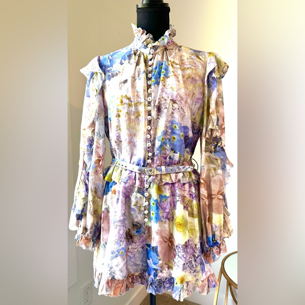 Zimmermann Floral Ruffle Belted Jumpsuit in Pastel Blue, Pink & Yellow